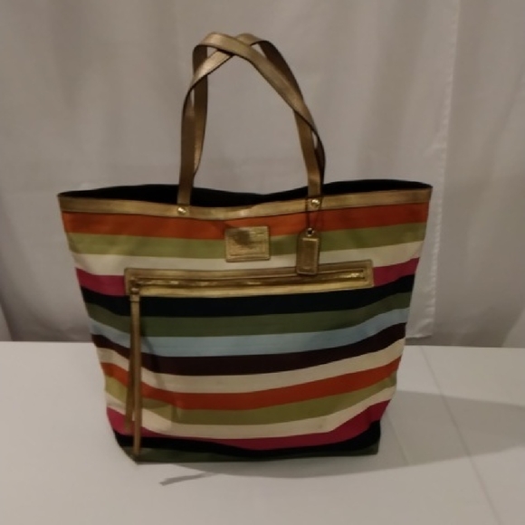 Coach Colorful Striped Tote with Gold Accents - Picture 1 of 5